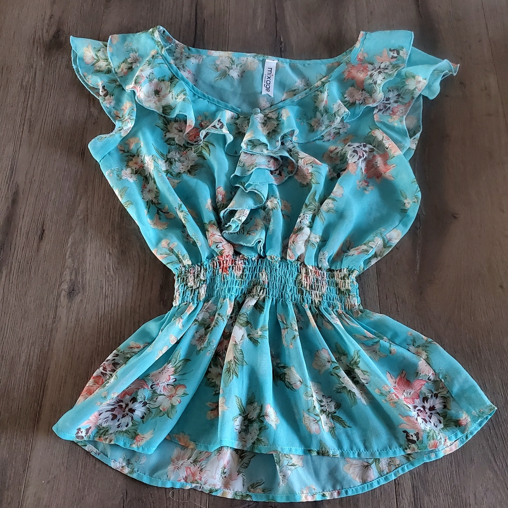 Vintage Blue Floral Ruffle Top - Picture 4 of 4